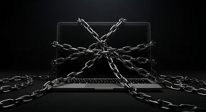 A laptop computer is covered in metal chains against a dark background in a studio setting ai genrated