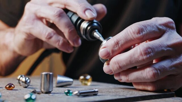 An artisan carefully crafting piece of jewelry using rotary tool in detailed close-up