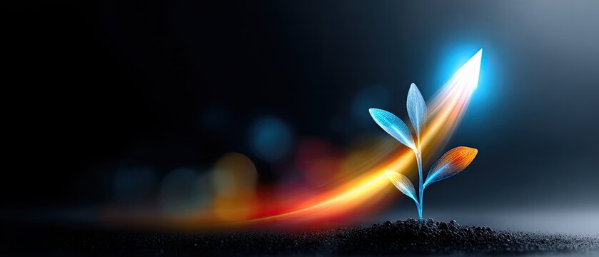 business startup growth concept. A glowing plant sprouting from dark soil with colorful light trails.