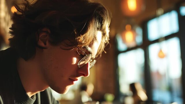 Soft light on young man studying. Calm reader and introvert thinker enjoys relaxed moment. Dreamer stares down focused, student breathes easy. Man remains calm, young spirit finds introvert peace.