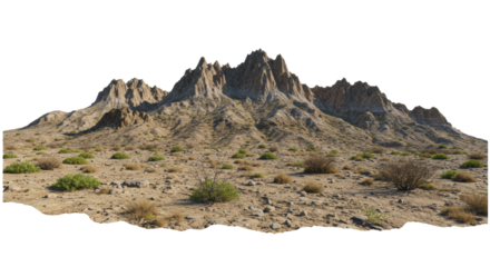 Ultra-realistic rugged rocky mountain terrain with sparse green shrubs and dry scrub against a transparent isolated background, low-angle, studio-lit, sharp focus, ideal for commercial compositing