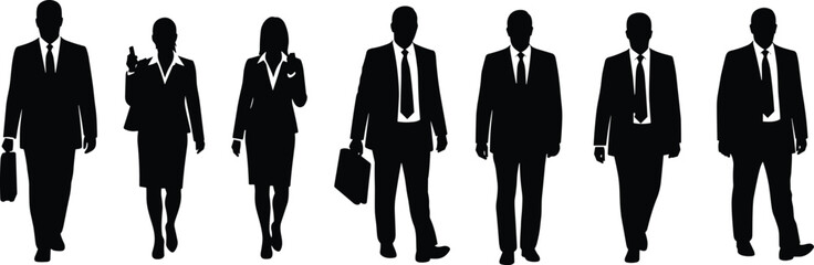 Silhouette of Business Professionals Walking Together, Symbolizing Teamwork and Professionalism on White Background
