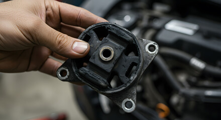 Fototapeta premium Image shows close up of person hand holding used engine mount or bracket, with car engine background. engine part appears worn and greasy, indicating it has been use. background suggests workshop