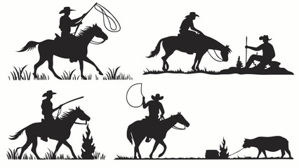 Naklejka premium Western cowboy silhouettes set. Riders on horses, lassoing, campfire, and herding. Wild West adventure collection.