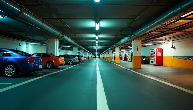 Many vibrant cars are parked neatly in organized rows along a clear pathway inside a brightly lit underground parking garage structure.