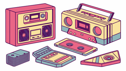 Retro 80s 90s music boombox, cassette player, and audio tapes. Vintage old school portable walkman and sound system.