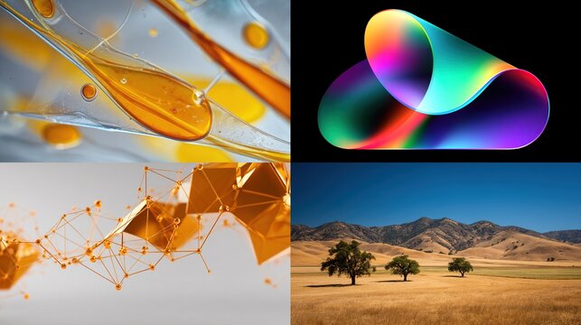 A four-panel image showcasing abstract oil droplets, a vibrant rainbow swirl, geometric gold shapes, and a sun-drenched desert landscape with two trees