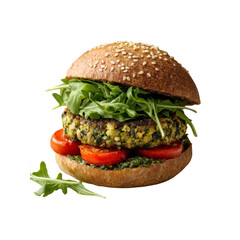 Delicious Vegan Spinach and Feta Burger with Pesto and Arugula