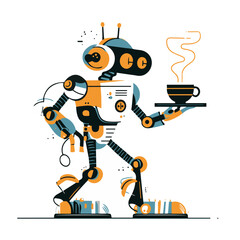 Friendly Robot Character Holding Coffee Cup, Service Automation and Future Technology Vector