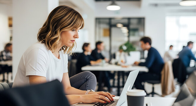 Woman working on a laptop in a bright open office space with other people in the background focused ai genrated
