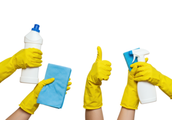 Several human hands in bright yellow rubber gloves hold a white cleaning bottle, blue cloth, and sponge, one hand making a thumbs-up gesture against a clean white studio background with copy space,