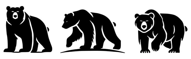 Three Black Bear Silhouettes: Standing, Walking, and Profile Views, Wildlife Vector Illustration