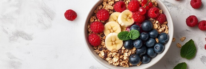 Healthy breakfast bowl with granola, berries, and banana, 3:1 banner for food blog or wellness website, top view with soft cream background and copy space on the left