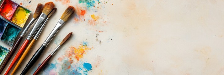 Paintbrushes and watercolor palette on textured surface, 3:1 banner for artist blog or creative website, colorful tools left-aligned, soft beige background with copy space on the right
