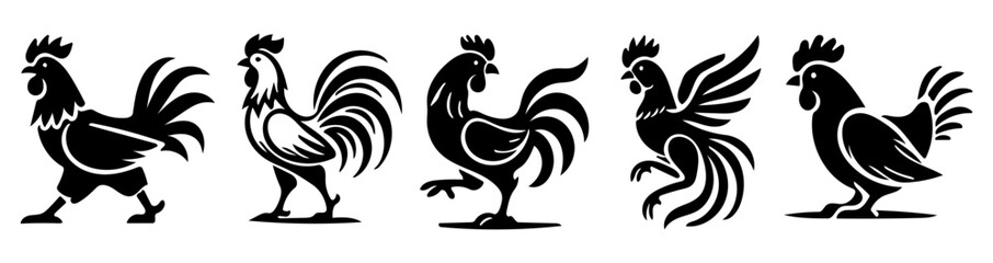 Five Stylized Roosters: Black and White Vector Rooster Illustrations