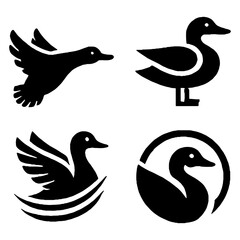 Four Stylish Black Duck Silhouettes: Flight, Standing, Swimming, and Circular Designs