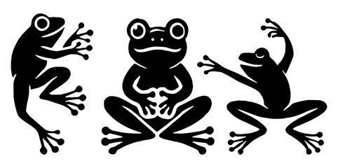Three stylized black frog silhouettes, amphibian icons,  wildlife design elements