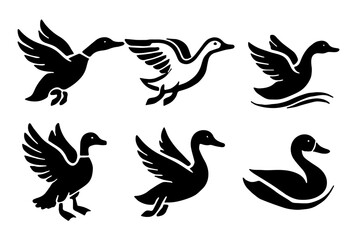 Six Black Silhouette Ducks and Swans, Bird Icons, Waterfowl, Vector Illustration
