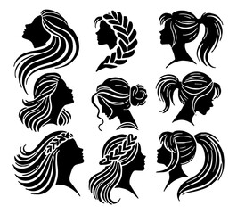 Collection of Nine Elegant Black Silhouettes of Women with Different Hairstyles
