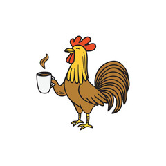 Morning rooster holding coffee or tea