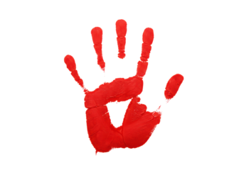 A single, striking, ultra-realistic vibrant red human handprint, detailed with smudges and texture, resembling thick paint or dried blood, centered on a transparent background, top-down view,