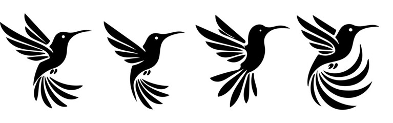Four Stylized Hummingbird Silhouettes: Black Bird Vector Set