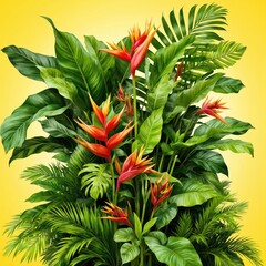 Obraz premium Vibrant digital art illustration features tropical plants, striking red flowers against warm yellow backdrop. Smooth textures, scattered design create lively, abundant floral arrangement, perfect for