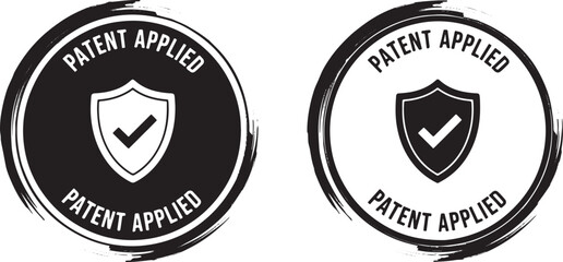 Fototapeta premium Black and white patent applied emblems with shield, patent, applied, emblem, shield, checkmark, protection, legal, intellectual property, trademark, certification, approval, official, document, seal, 