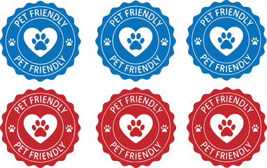 Blue and red pet friendly emblems with paw prints heart, pet friendly, paw print, heart, blue, red, emblem, badge, sign, symbol, animal, domestic, welcome, circular, graphic, illustration, clean, simp