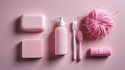 Flat lay of pink beauty items on soft pink background: soap bar, lotion bottle, mascara wand, and exfoliating sponge. Minimalist, pastel aesthetic with soft lighting and clean alignment.