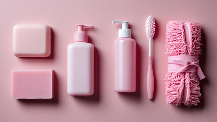 Flat lay of pink beauty items on soft pink background: soap bar, lotion bottle, mascara wand, and exfoliating sponge. Minimalist, pastel aesthetic with soft lighting and clean alignment.