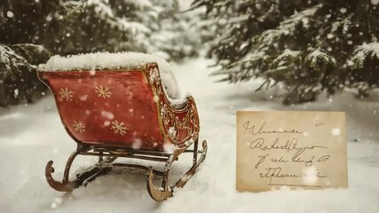 Decorated sleigh in snowy forest with handwritten note beside it - Powered by Adobe