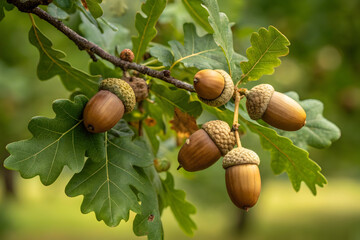 acorns on oak tree branch closeup
