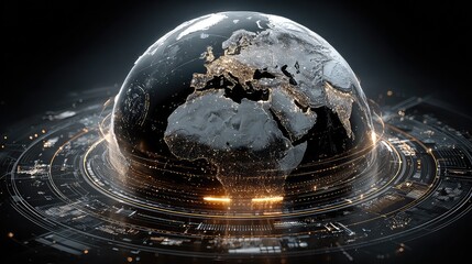 Holographic Earth floats with live data visuals, symbolizing real-time global analytics, connected systems, and futuristic interfaces for international tech communication.