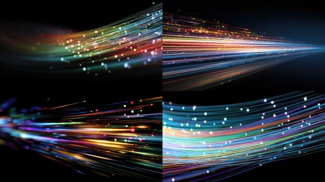 Abstract digital art, four panels of vibrant, streaking light trails