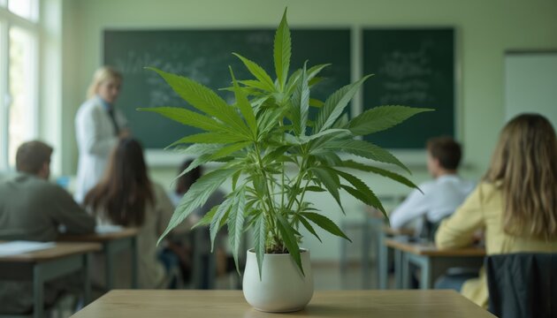 Cannabis plant in classroom setting with blurred teacher, students. Discussion on medical marijuana benefits, research, policy, therapeutic uses during education session. Promotes legal awareness,