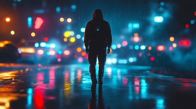 Silhouette of man walking alone on rainy city street at night
