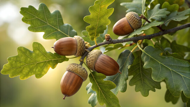 closeup of oak tree acorns with leaves