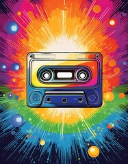 Fototapeta premium cassette tape with rainbow trail, pop art style__ 