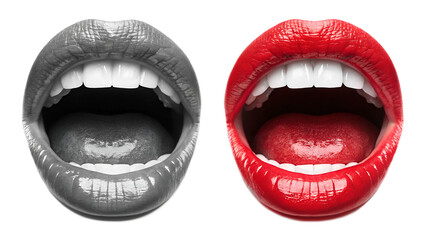 two open mouths grayscale and red contrast