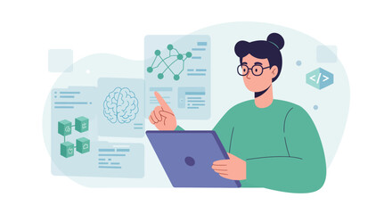 Woman with glasses pointing at data visualizations on floating screens, holding a laptop, representing data analysis and artificial intelligence.