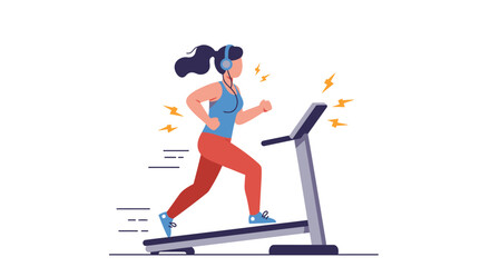 Fototapeta premium Woman jogging intensely on a treadmill, wearing headphones, energetic workout.
