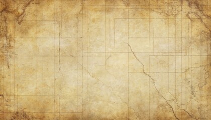 Vintage map background features faded lines, markings on aged yellow canvas texture. Antique cartography details suggest exploration, adventure, historical geography. Classic retro design with