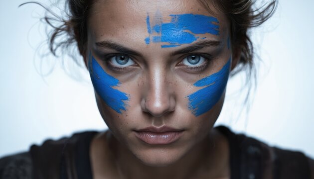 Close-up portrait of fierce woman warrior with blue war paint, striking blue eyes. Red hair frames face, adorned with freckles, intense expression. Strong, determined look in photorealistic fantasy - Powered by Adobe