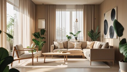 Fototapeta premium Sunlight streams into a cozy modern living room, showcasing minimalist Scandinavian design and high fidelity textures in a inviting space.