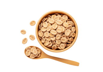 Light brown, crispy whole grain cereal flakes in a natural wooden bowl with a matching spoon holding a portion, all on a transparent, shadowless studio background, flat lay, concept of healthy