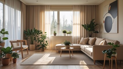 Fototapeta premium Sunlight streams through the sheer curtains illuminating a cozy modern living room filled with minimalist Scandinavian decor and lush green plants.