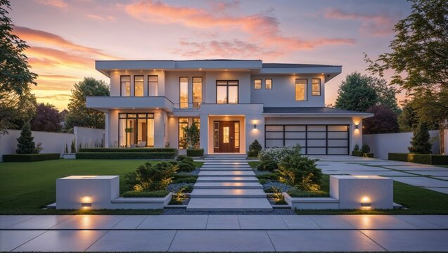 Beautiful modern suburban family home with high fidelity details showcasing architectural design at dusk with ened clarity and vibrant lighting.