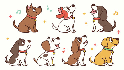 Cute cartoon dogs looking up, happy puppies singing, diverse pet animals vector illustration set for children's design.