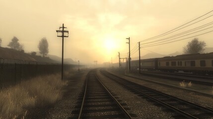 Fototapeta premium Misty Sunrise Over Railroad Tracks, Train, and Power Lines.